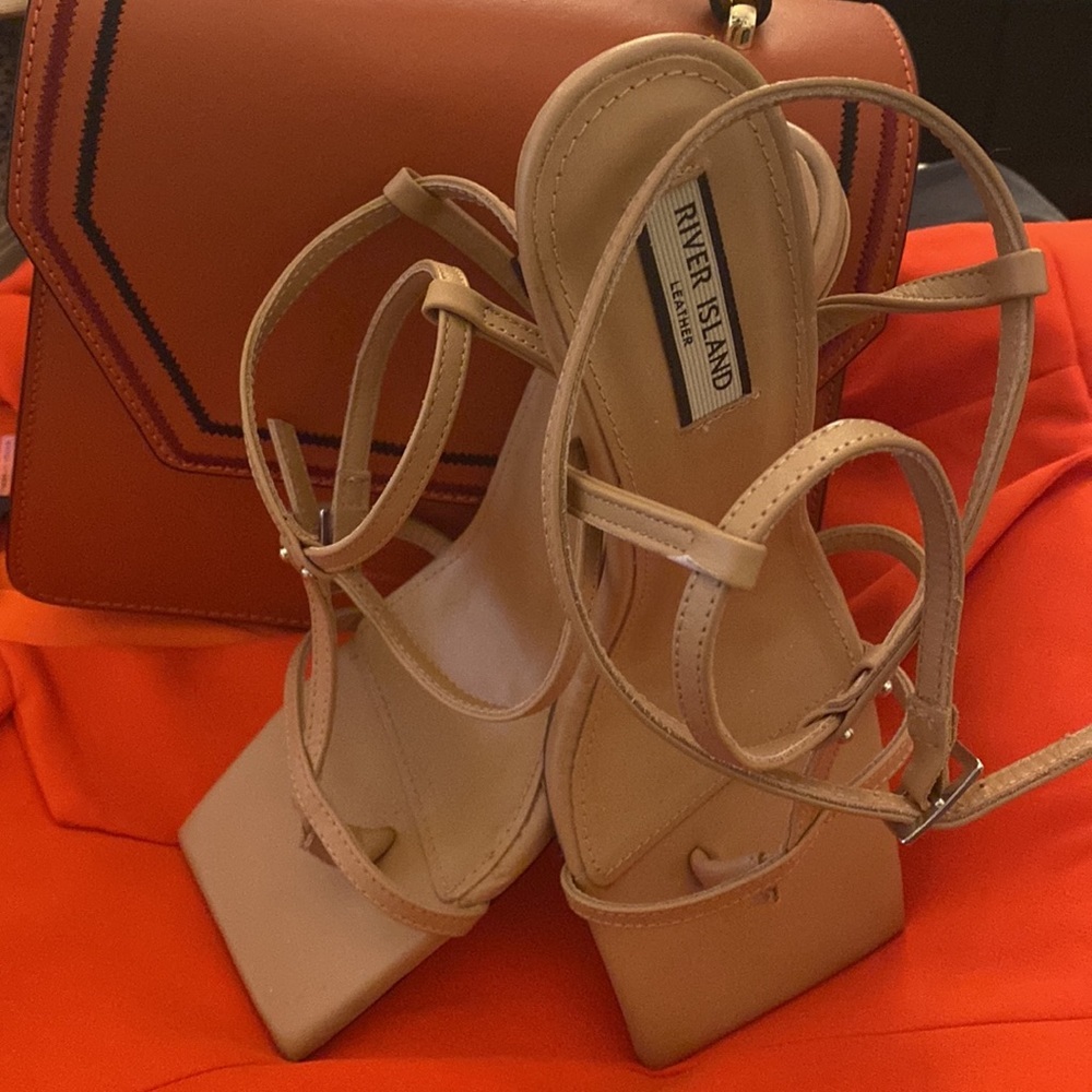 River Island Leather Square Toe Strappy Nude Heel Sandals size 39 - Picture 6 of 9